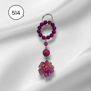 Handmade Hot Pink Beaded Keychain with Iridescent Rose Pendant